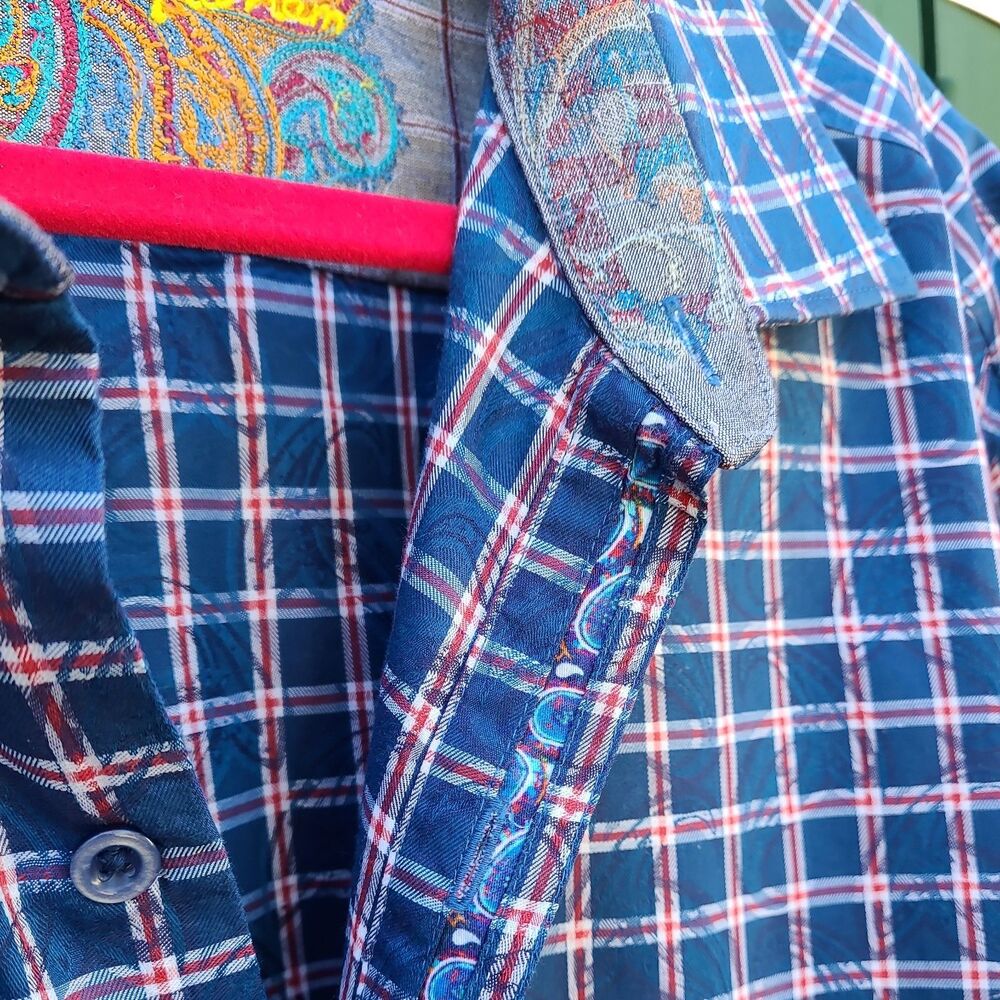 Robert Graham Shirt Button Up Paisley On Plaid Roll Over Cuff Knowledge Red Blue - Picture 4 of 16